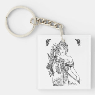 Porte-clefs Art nouveau Alphonse Mucha femme avec fleurs