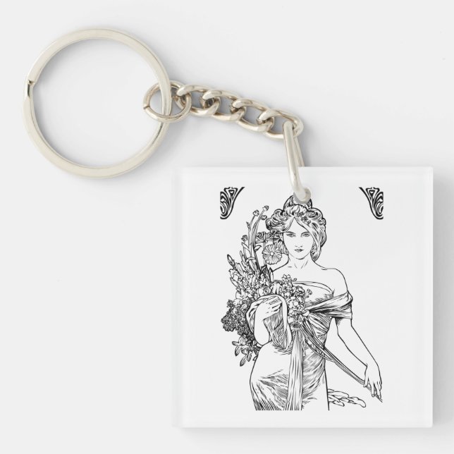 Porte-clefs Art nouveau Alphonse Mucha femme avec fleurs (Devant)