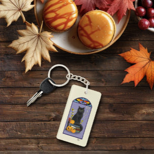Porte-clefs Art Nouveau Chat Noir Citrouille Violet Automne Ja