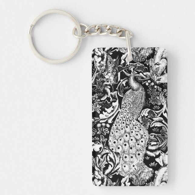 Porte-clefs Art Nouveau Peacock Print, noir et blanc (Devant)