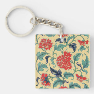 Porte-clefs Art Nouveau vintage chinois rouge à motifs floraux