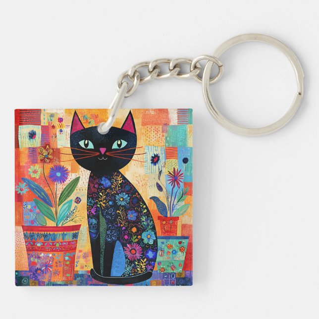 Porte-clefs Art populaire de chat noir (Dos)