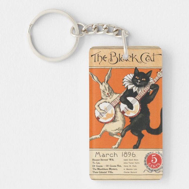 Porte-clefs Art Rétro Banjo Lapin Blanc Chat Noir Orange (Devant)