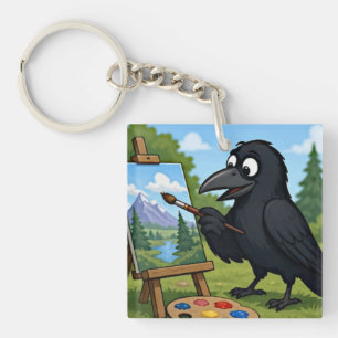 Porte-clefs Artiste amusant corbeau peignant un paysage artist