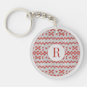 Porte-clefs Attache-clé en acrylique rond TRICOT NORDIQUE ROUG