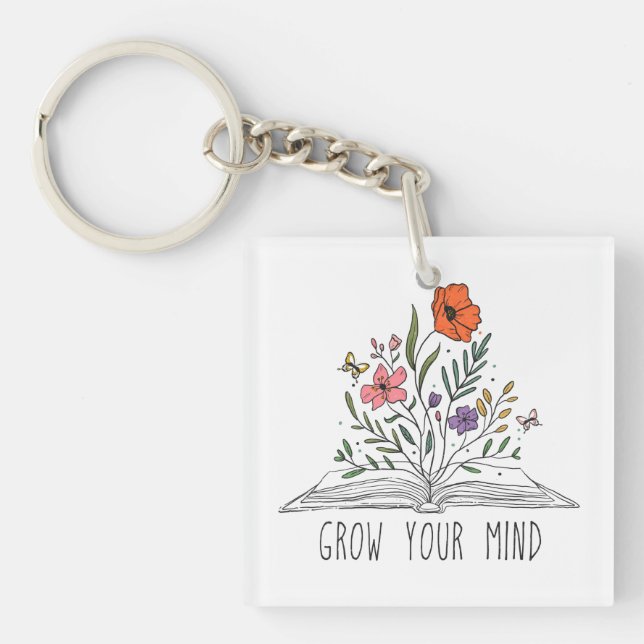 Porte-clefs Augmentez votre esprit Boho Fleur sauvage et livre (Devant)