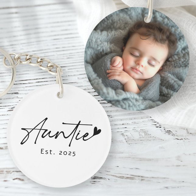 Porte-clefs Auntie Est année manuscrite écriture coeur photo (Auntie Est year handwritten script heart photo Keychain)