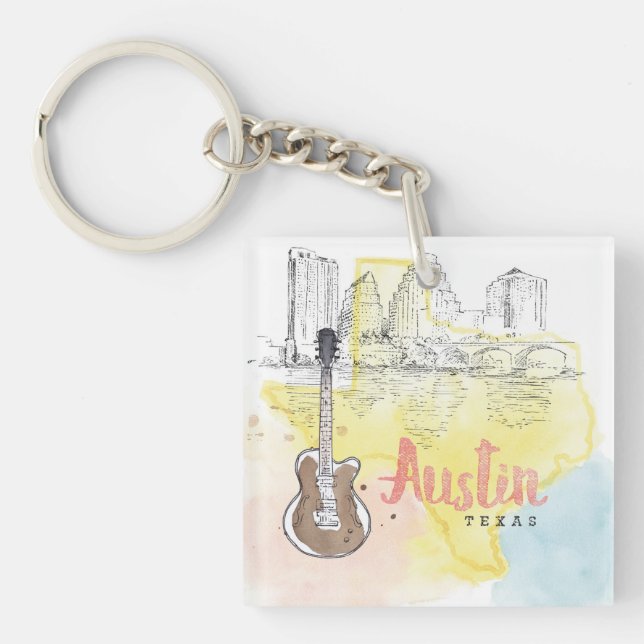 Porte-clefs Austin, croquis d'aquarelle du Texas | (Devant)