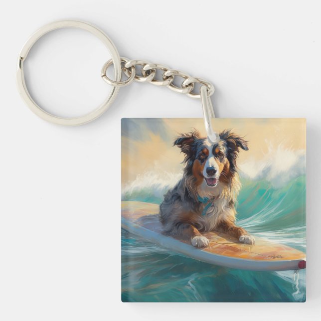 Porte-clefs Australian Shepherd Beach Surfing Peinture (Devant)