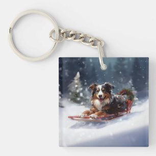 Porte-clefs Australian Shepherd hiver neige de Noël