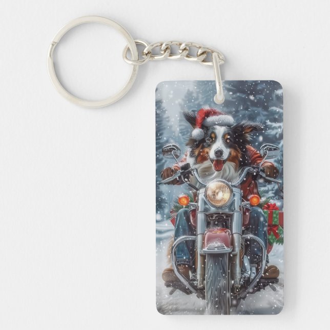 Porte-clefs Australian Shepherd Riding Motorcycle Noël (Devant)