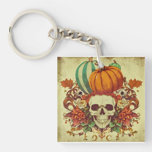 Porte-clefs Automne/Halloween/citrouille/squelette (Devant)