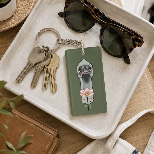 Porte-clefs Autruche Rose Fleurs Vert Olive Art Déco (Créateur téléchargé)