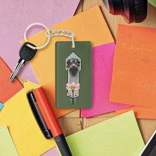 Porte-clefs Autruche Rose Fleurs Vert Olive Art Déco