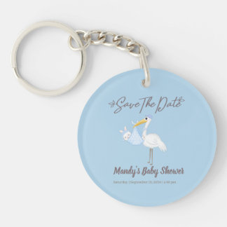 Porte-clefs Baby Boy Stork Blue Shower Enregistrer la date