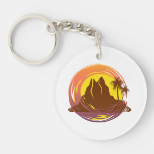 Porte-clefs Badge avec paysage volcanique tropical et palmiers