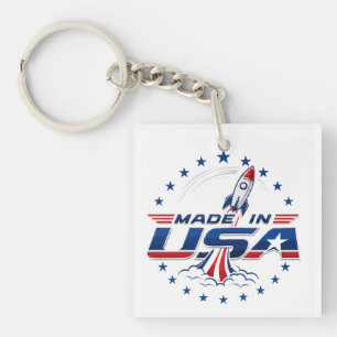 Porte-clefs Badge patriotique de fusée rétro fabriquée aux Éta