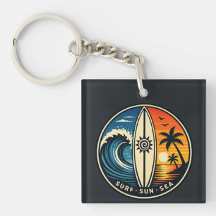 Porte-clefs Badge Vintage Surf Soleil Mer – Planche de Surf Co