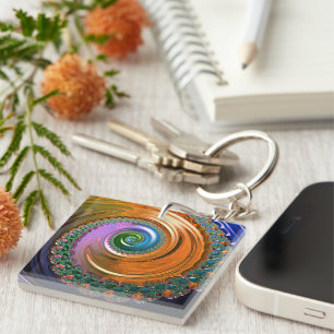 Porte-clefs Bague à touches Orange Mandelbrot Swirl