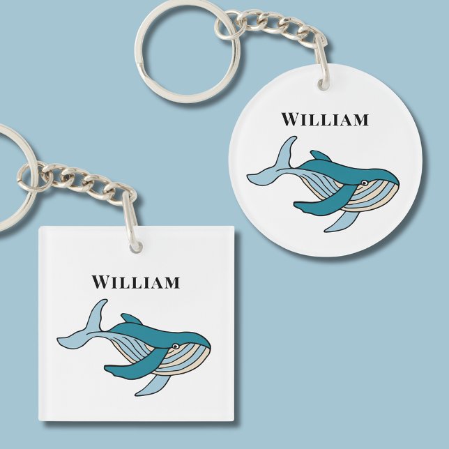 Porte-clefs Baleine océanique enfants (Blue ocean whale nautical keychain with kids name. Great for school bags and house keys.)