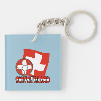 Porte-clefs Balle de football Drapeau Suisse Fond Bleu Carré