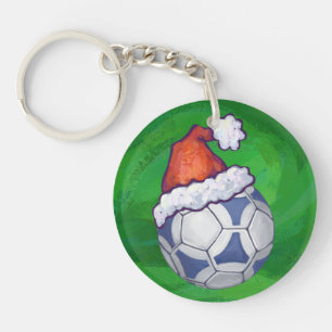 Porte-clefs Balle de football festive bleue et blanche sur fon