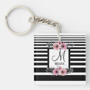 Porte-clefs Bandes noires et blanches Monogramme floral rose