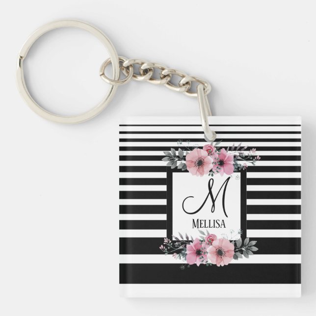 Porte-clefs Bandes noires et blanches Monogramme floral rose (Devant)