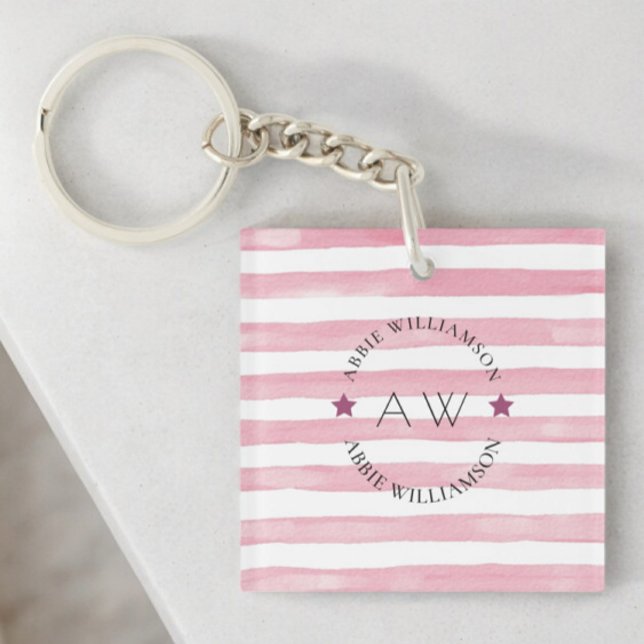 Porte-clefs Bandes roses personnalisées et élégantes (pink stripy monogram personalized keychain )