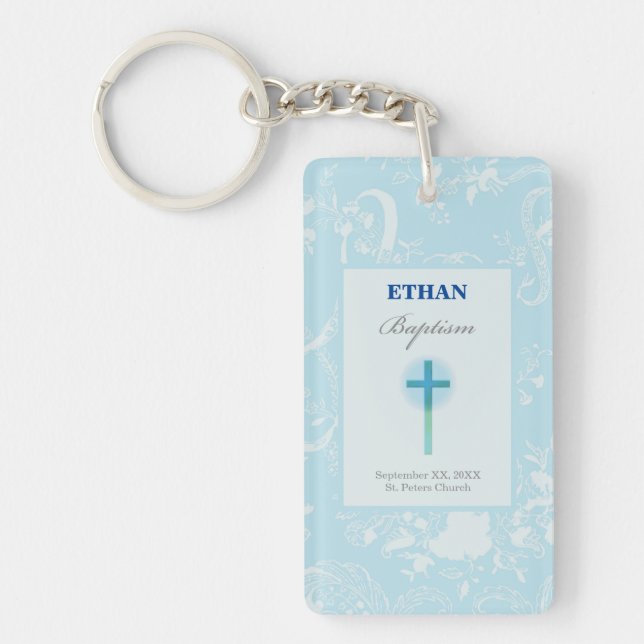 Porte-clefs Baptême de garçon au dentelle bleue (Devant)