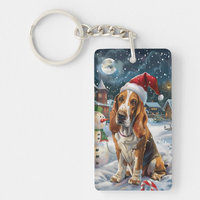 Porte-clefs Basset Hound Chien Winter Wonderland Noël Joie (Devant)