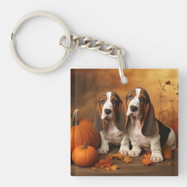 Porte-clefs Basset Hound Chiot Automne Citrouille de plaisir (Devant)