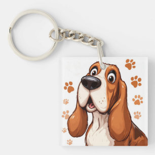Porte-clefs Basset Hound Joyeux avec Empreintes de Patte Orang