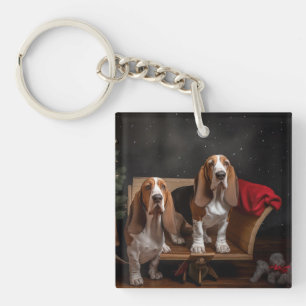 Porte-clefs Basset Hound Neigeux Traîneau Décor Noël