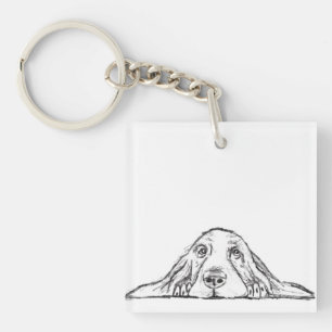Porte-clefs basset hound noir blanc yeux de chiot simple