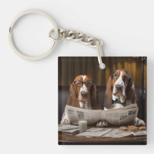 Porte-clefs Basset hounds à lire le journal