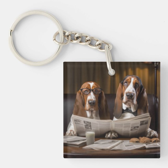 Porte-clefs Basset hounds à lire le journal (Devant)