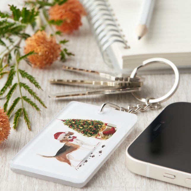 Porte-clefs Beagle drôle Chien de Noël avec arbre (Devant droit)
