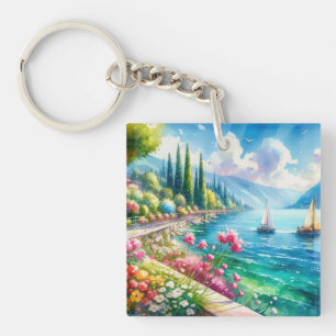 Porte-clefs Beau lac avec voiliers et fleurs Peinture