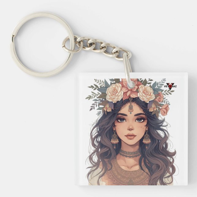 Porte-clefs Beautiful Floral Anime Girl – Soft Pastel Aesthe (Devant)