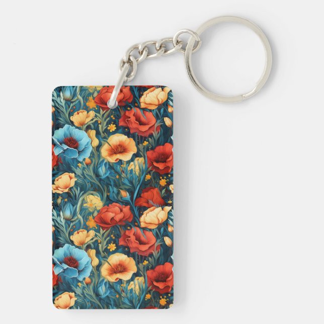 Porte-clefs Beautiful Yellow Blue and Red Flowers Two-sided (Dos)