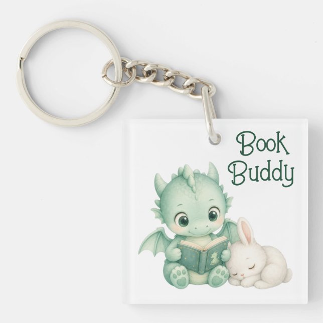 Porte-clefs Bébé dragon de livre de contes lisant avec un lapi (Devant)