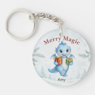 Porte-clefs Bébé Dragon Magique Bleu de Noël Personnalisé