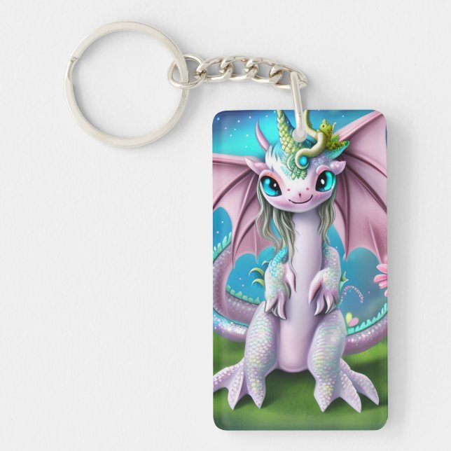 Porte-clefs Bébé mignon et souriant Dragon aux fleurs (Devant)