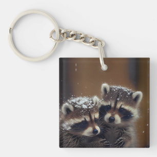 Porte-clefs Bébé Raccoons se blottit dans la neige tombante