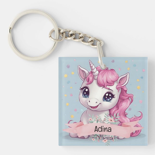 Porte-clefs Bébé rose magique Unicorn Stars Nom personnalisé (Devant)
