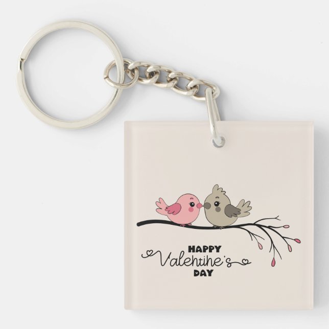 Porte-clefs Belle Cartoon Lovebirds sur la branche Saint-Valen (Devant)
