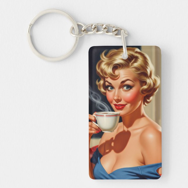 Porte-clefs Belle femme rétro avec une tasse de café (Devant)