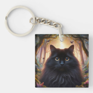 Porte-clefs Belle Fluffy Chat Noir avec yeux or