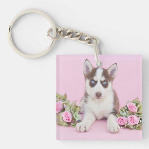Porte-clefs Belle marionnette Husky aux roses roses roses